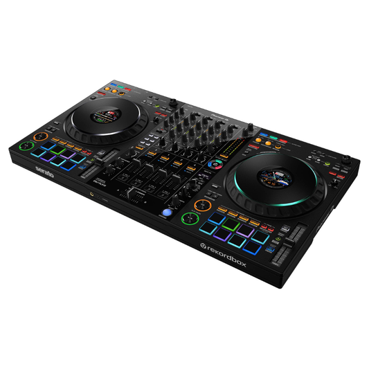 Angled view of the Pioneer DDJ-FLX10 4-channel DJ controller with illuminated jog wheels and performance pads.