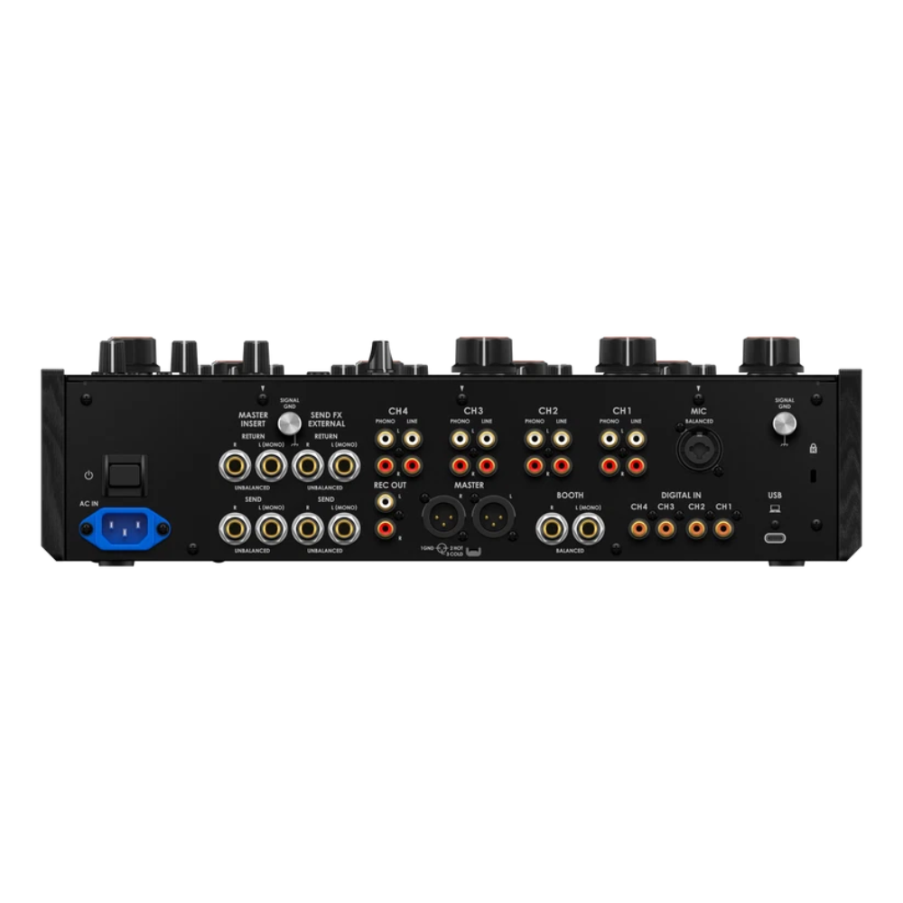 Back panel of the AlphaTheta euphonia showing phono and line inputs, master outputs, digital connections, and USB-C port