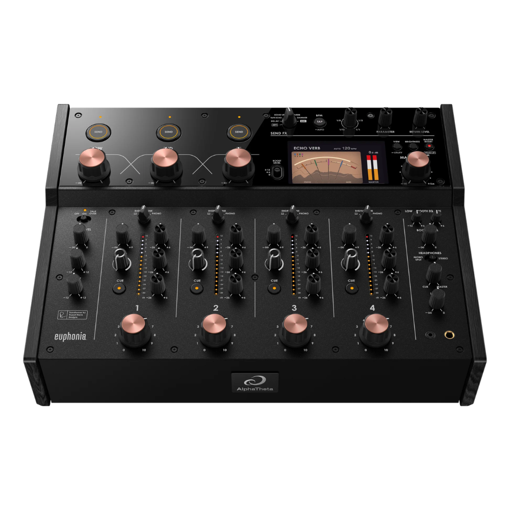 Elevated view of the AlphaTheta euphonia DJ mixing console highlighting its rotary faders, effects section, and master controls