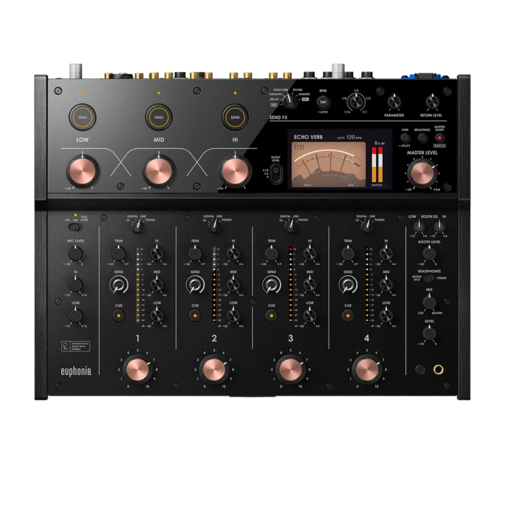 Overhead product image of the AlphaTheta euphonia with four channel strips, rotary volume controls, and three-band isolator