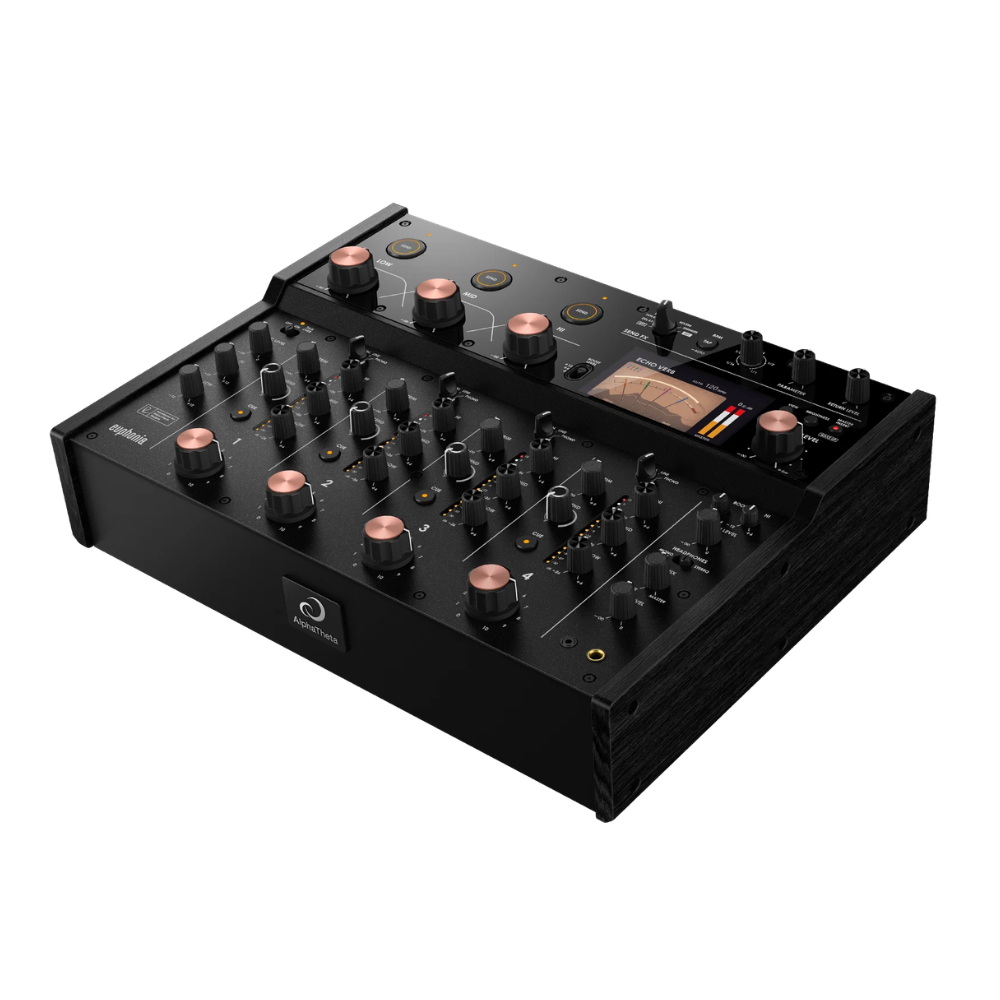 Angled product view of the AlphaTheta euphonia four-channel rotary DJ mixer with copper-colored controls and black wood side panels