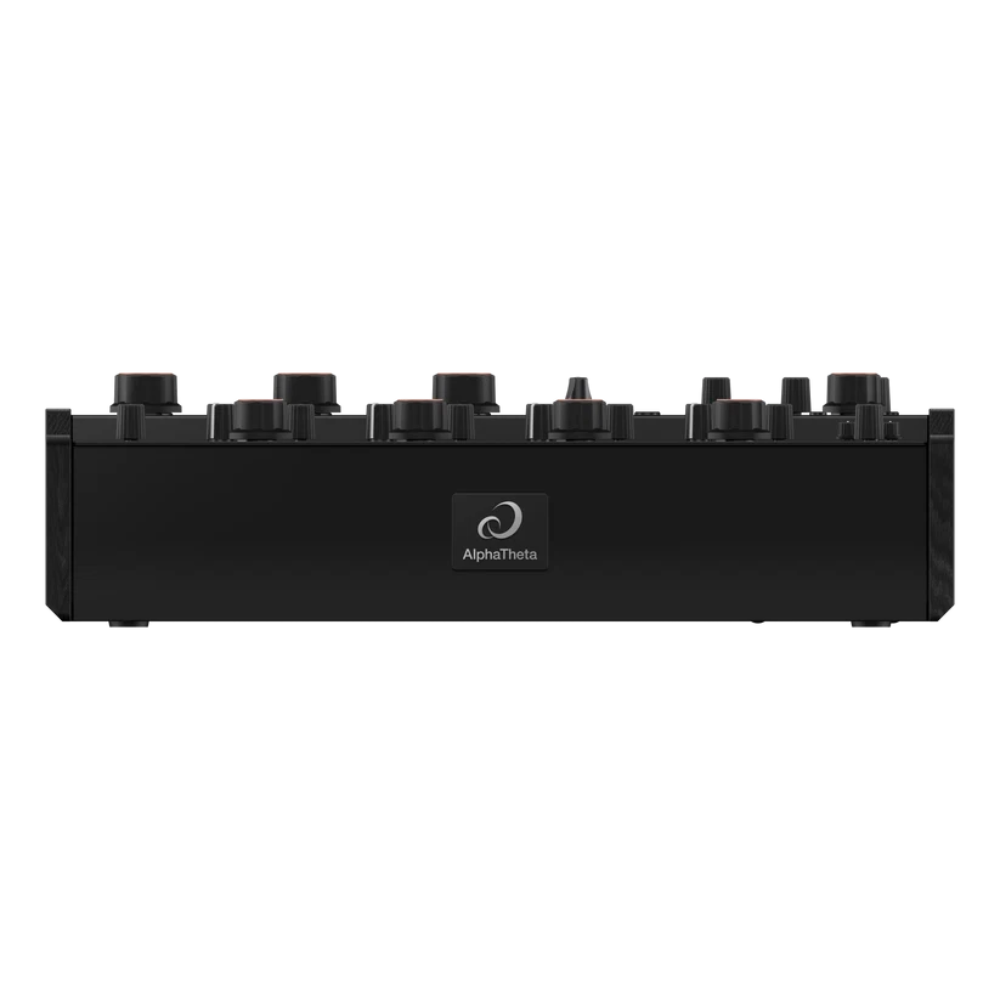Front elevation of the AlphaTheta euphonia professional mixer featuring its slim black chassis and central brand emblem
