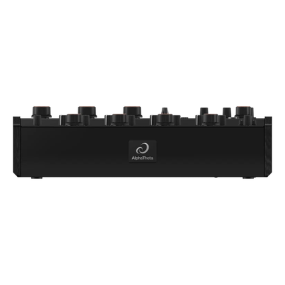 Front elevation of the AlphaTheta euphonia professional mixer featuring its slim black chassis and central brand emblem