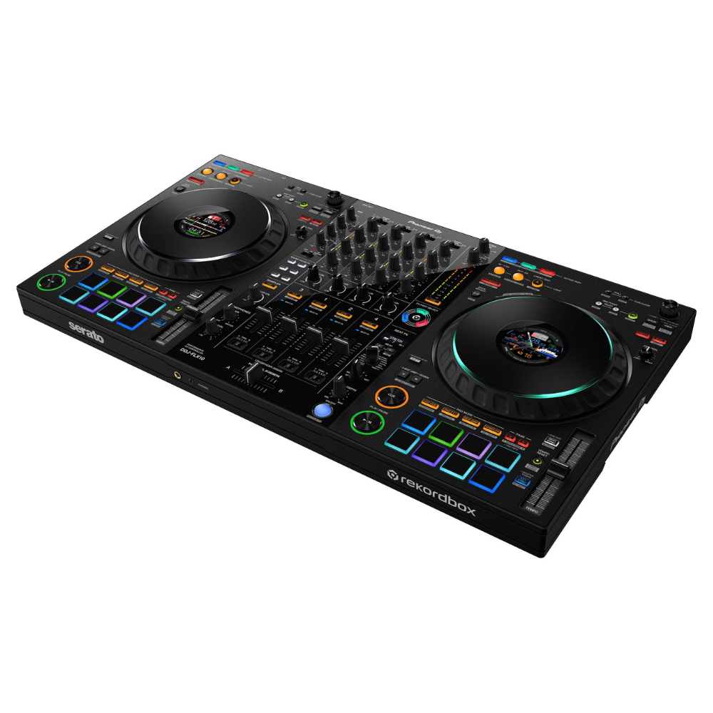 Angled view of the Pioneer DDJ-FLX10 4-channel DJ controller with illuminated jog wheels and performance pads.