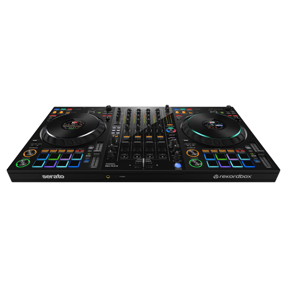 Pioneer DDJ-FLX10 DJ controller viewed from the front, showing both decks and the four-channel mixer.