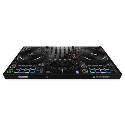 Pioneer DDJ-FLX10 DJ controller viewed from the front, showing both decks and the four-channel mixer.