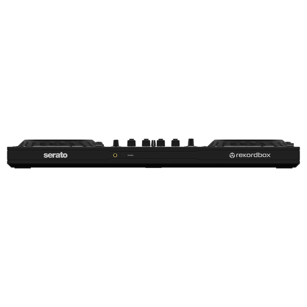 Front panel of the Pioneer DDJ-FLX10 DJ controller showing headphone outputs and the slim chassis profile.