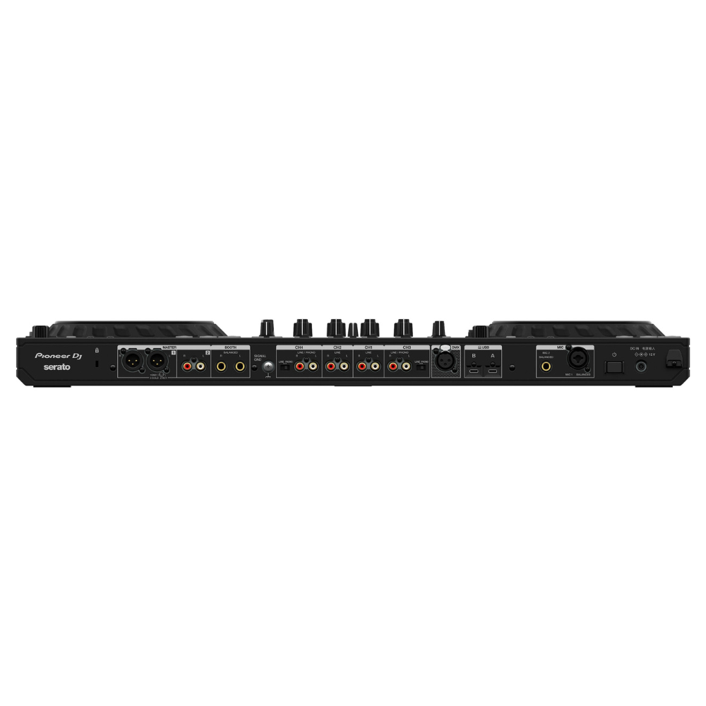 Rear panel of the Pioneer DDJ-FLX10 DJ controller showing audio inputs, master outputs, USB-C ports, and DMX connection.