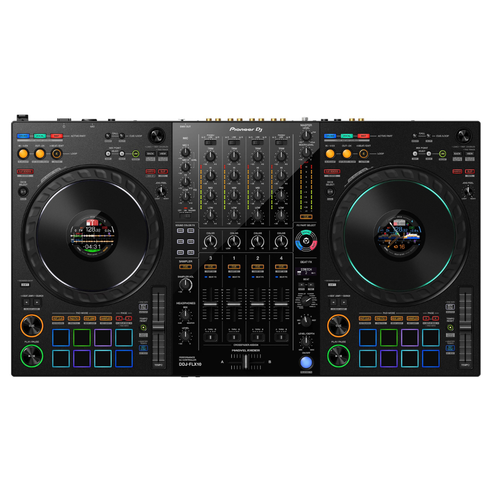 Top view of the Pioneer DDJ-FLX10 DJ controller showing jog displays, mixer controls, effects, and performance pads.