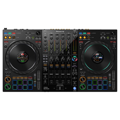 Top view of the Pioneer DDJ-FLX10 DJ controller showing jog displays, mixer controls, effects, and performance pads.
